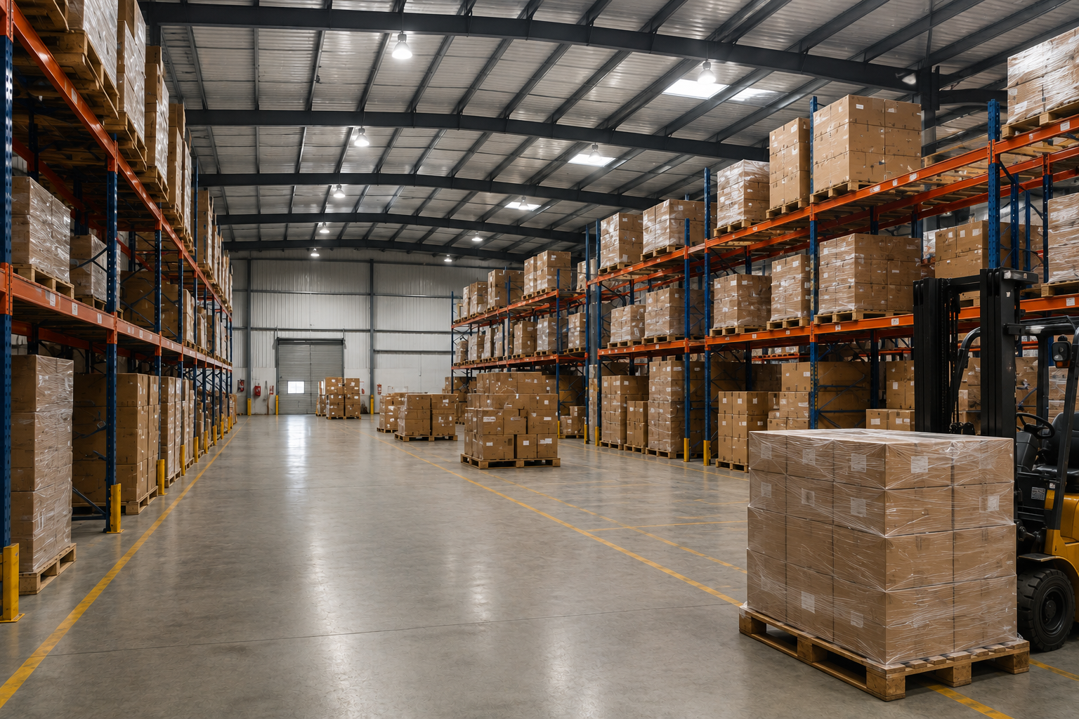 Warehouse racking stocked with palletized cartons